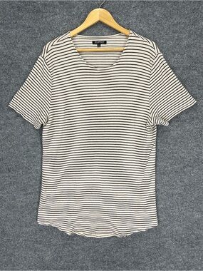 Elwood T Shirt Men’s L White Striped Curve Hem Drop Cut Modal Knit Crewneck Tee